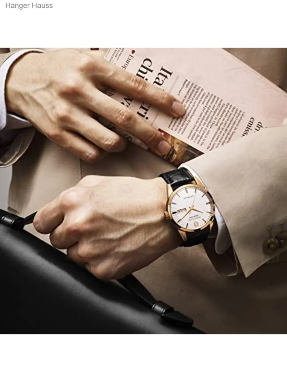 Men's Automatic Mechanical Watch Luxury Retro Day Date Genuine Leather Strap